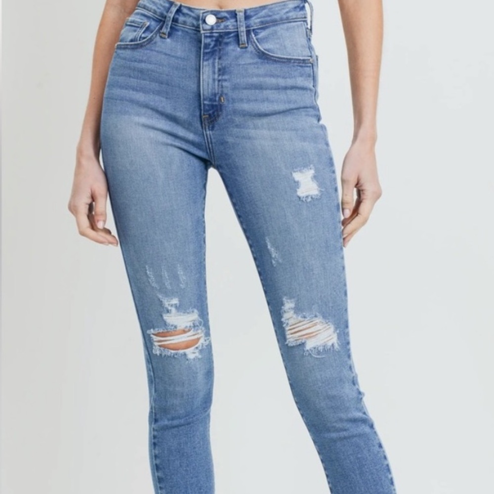 Just Black Medium Wash High Waisted Distressed Skinny Jeans